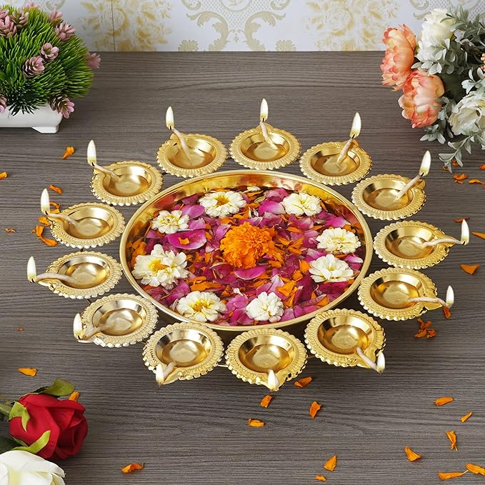 14-Inch Diya-Shaped Decorative Urli Bowl Gold for Diwali 2025 | Floating Flowers Tealights Indian Centerpiece